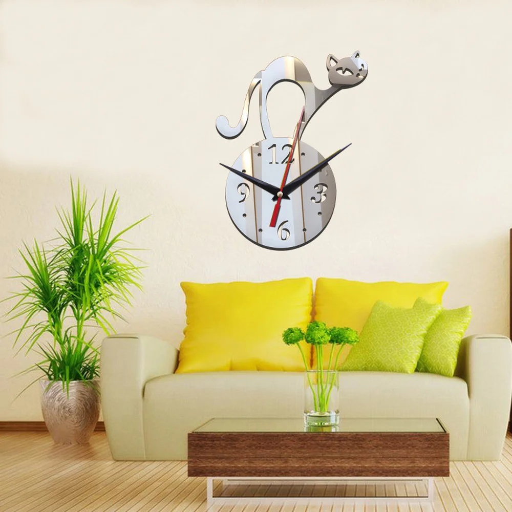

Self-adhesive Creative Mirror Wall Clock Sticker DIY Cute Cat Shape Decorative Clock Suitable For Living room Bedroom Decor