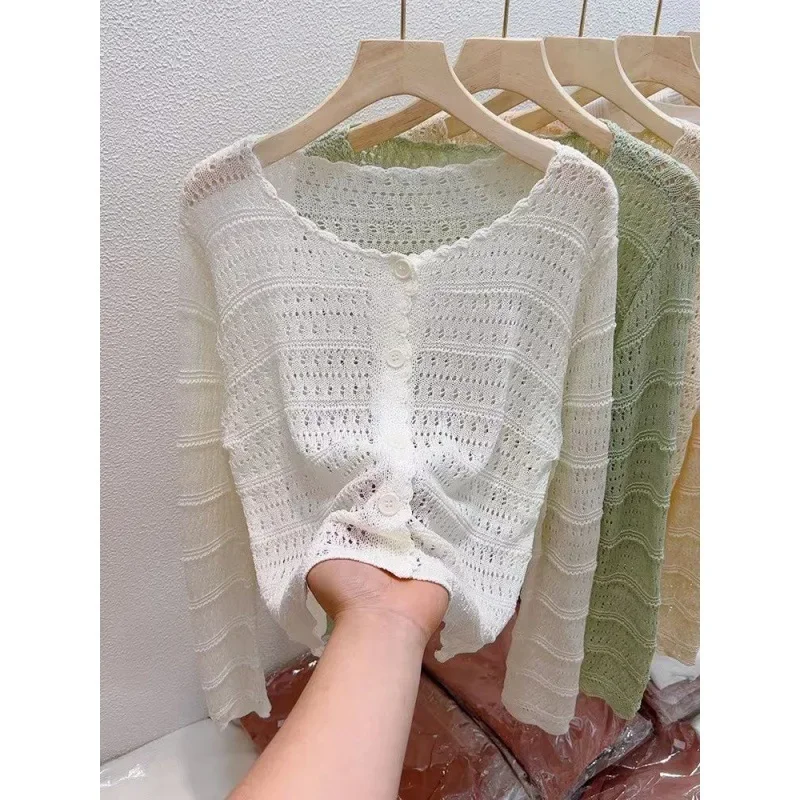 Новый сезон защита от солнца полый вязаный кардиган укороченный сетчатый топ с