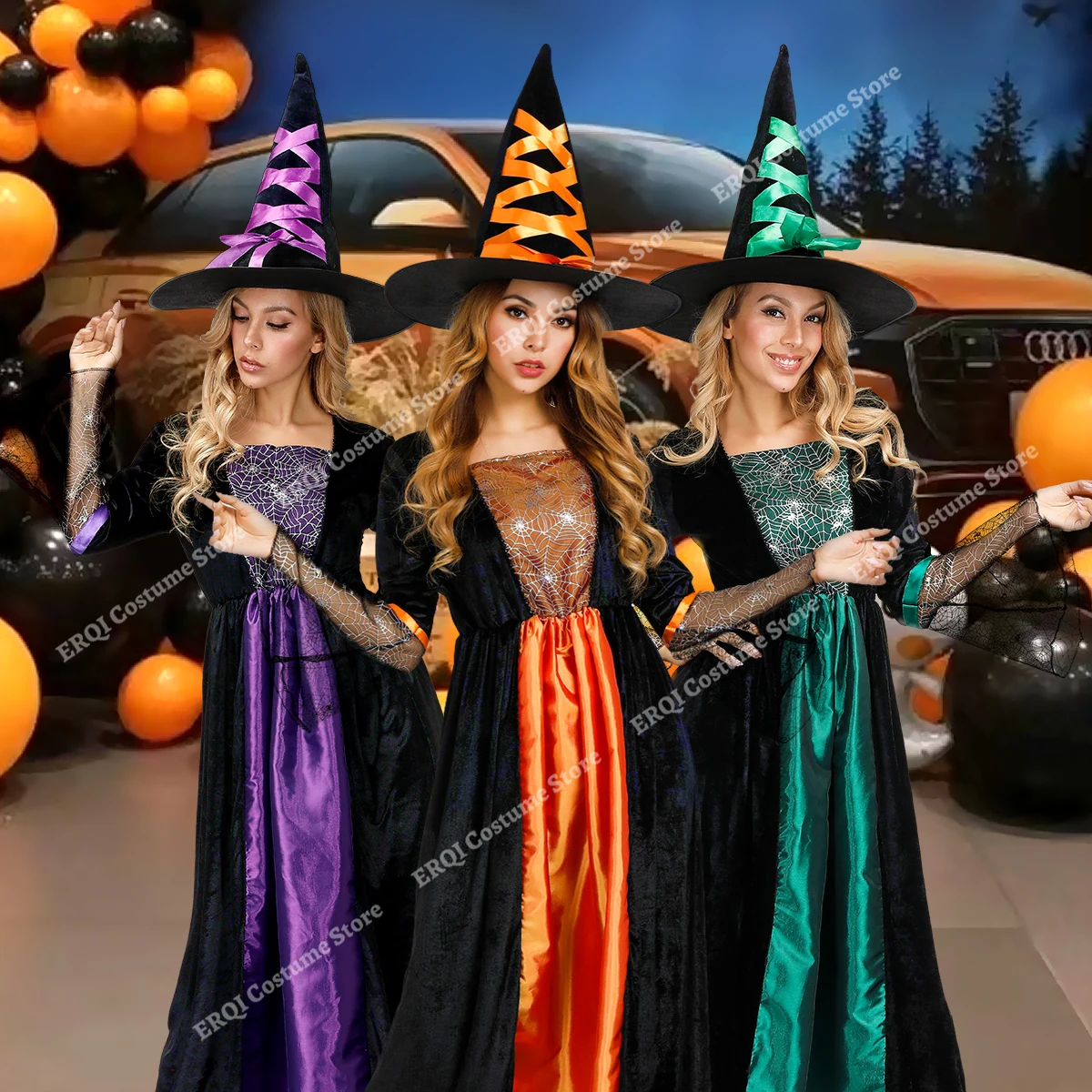 Vestidos de Halloween para mujer, disfraz de bruja, vestido de hechicera, Mangas de encaje, vestido de bruja Araña, sombrero mágico, púrpura, Gris, Naranja, Verde