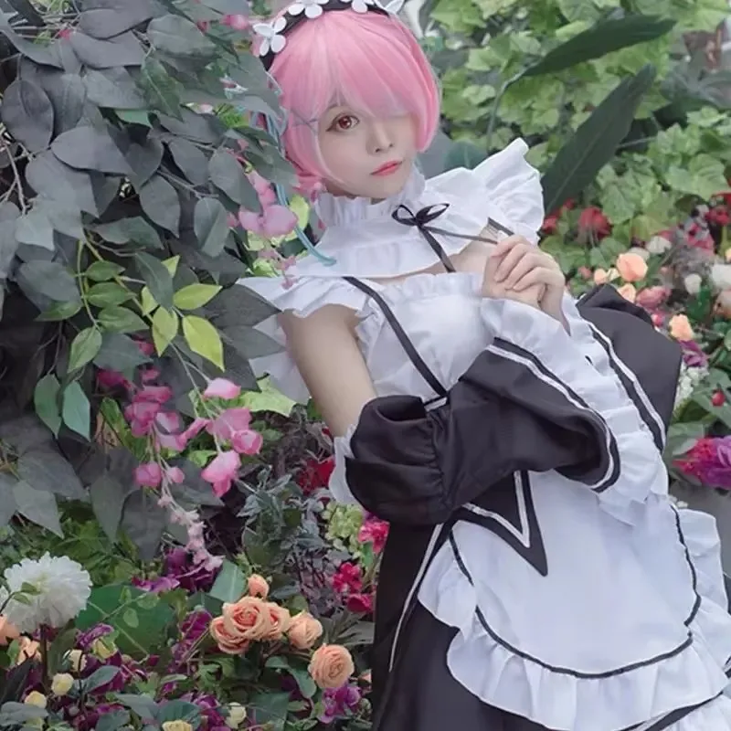 Фото Костюм для косплея Рам и Рем из аниме Re:Zero Kara Hajimeru Isekai Seikatsu, платье, парик, фартук, костюм горничной Рем, костюмы на Хэллоуин для женщин №5