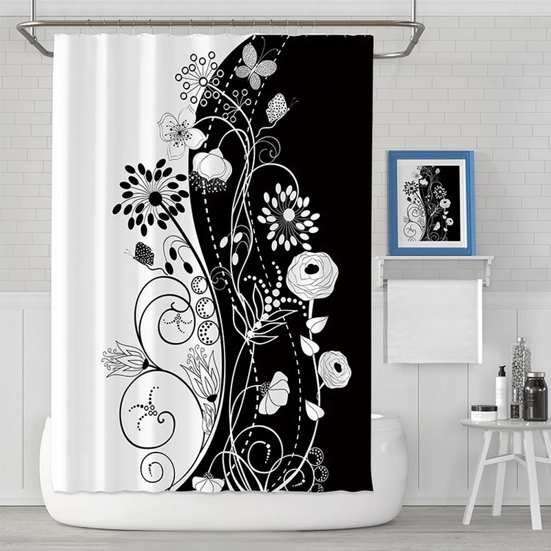 Black White Flower Shower Curtain Skull 3D Anti-mold Waterproof Fabric Bathroom Curtain Polyester Toilet Blackout Curtain Screen