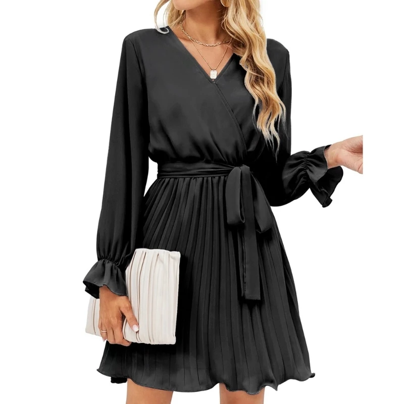 

A-line Dress Womens Wrap V-neck Dresses for Wedding Guest Casual Pleated