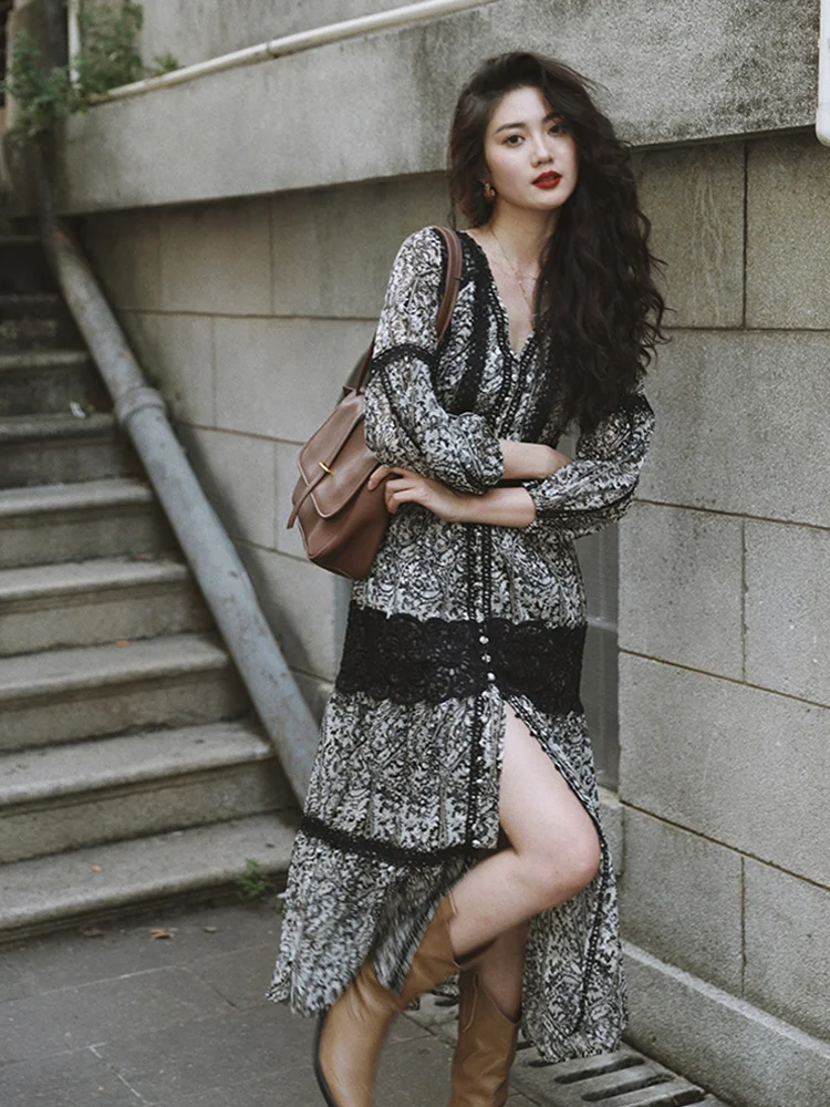 

Spring Yunnan Tourism Holiday Dress Unique and Unique Bohemian Ethnic Style Black Lace Fragmented Flower Dress