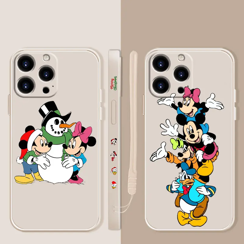 

Liquid Case For Apple iPhone 14 13 12 11 Pro Max 13 12 Mini XS XR X 7 8 6 6S Plus Disney Mickey Minnie Friends Make Snowmen