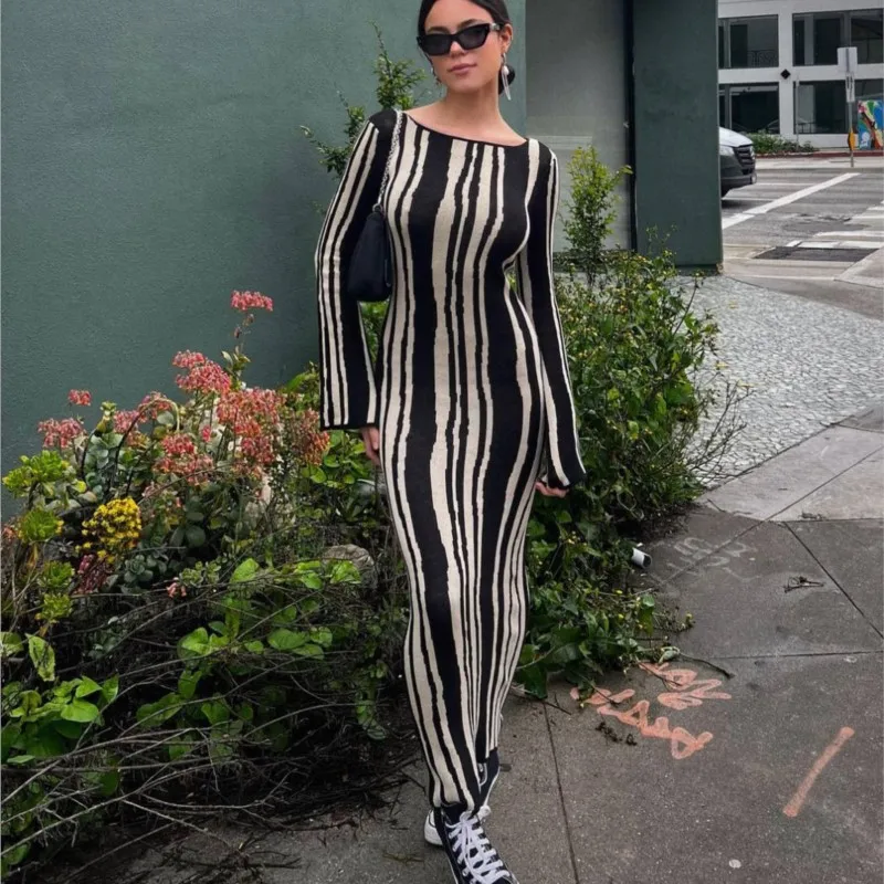 

Covered For Women Beach Cover Up Summer Dress 2023 Autumn Winter Neck Flare Long Sleeve Vertical Stripe Slim Fit Print Cotton