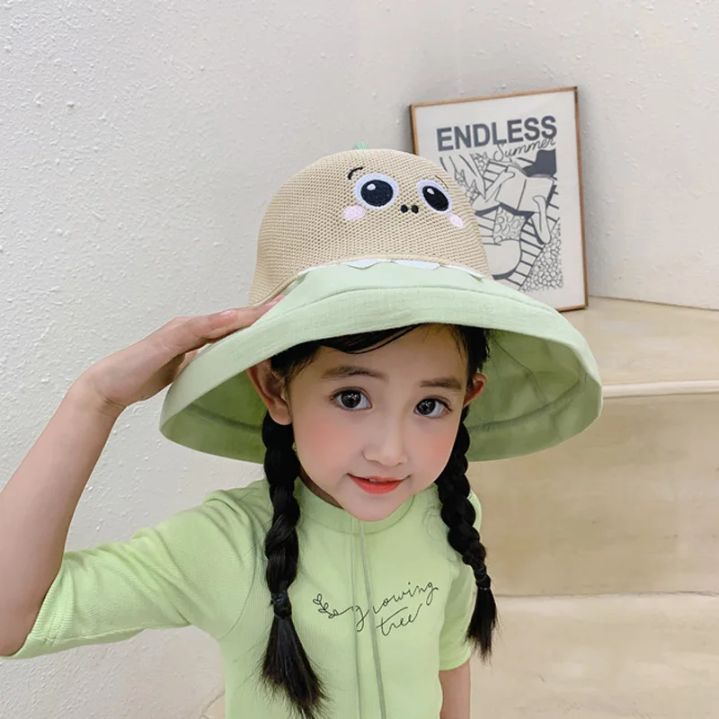 Doitbest Mesh Summer Girl Bucket Hats Cartoon Dinosaur foldable Kids sun protection Cap Child Boy Outdoor Beach Fisherman Hat |