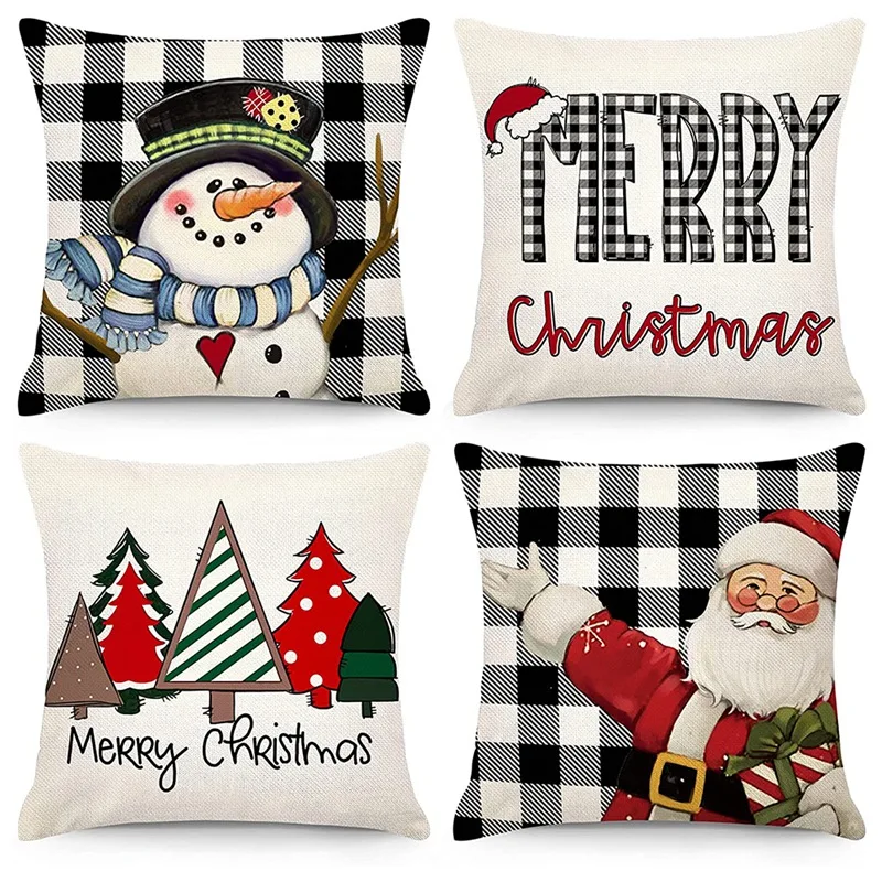 

HOT-Christmas Pillow Covers 18X18 Set Of 4 Christmas Decorations Farmhouse Throw Pillows Snowman Cushion Case For Home Decor
