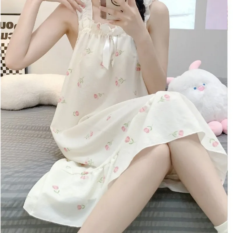 2023 New Summer One-Piece Sleepwear For Women-F-Novelty Comfort Home Wear Floral Printing Slash-Neck Sweets Sleepgown With Bow