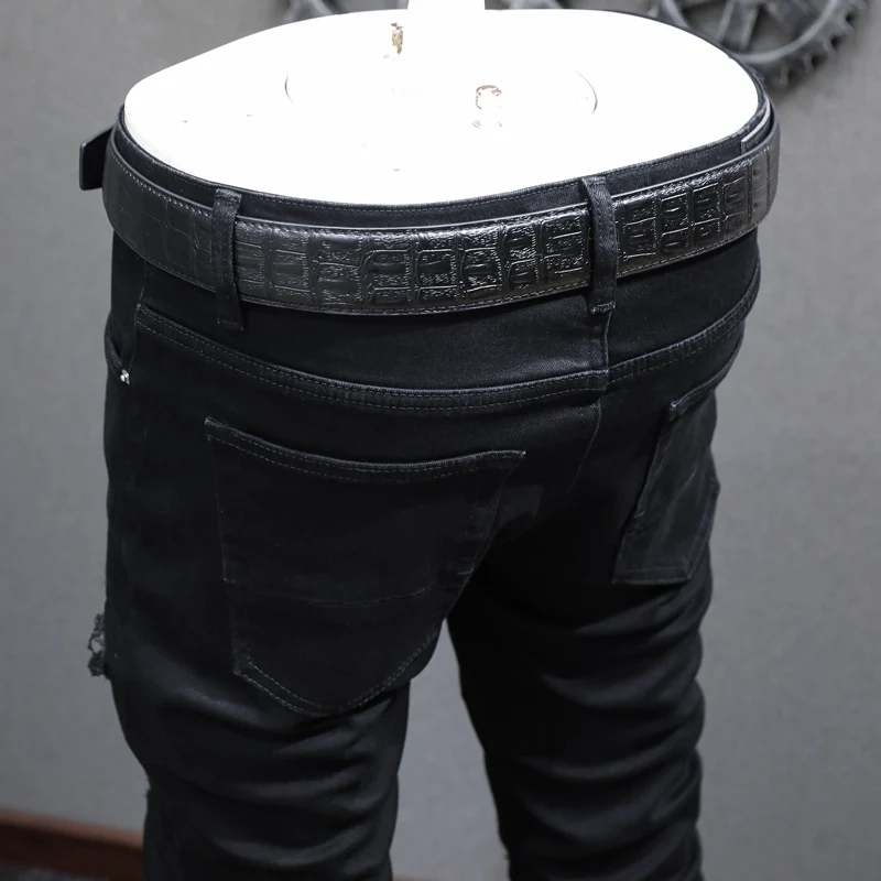 High Street Fashion Men Jeans Black Stretch Elastic Skinny Ripped Jeans Men Broken Leather Patched Designer Hip Hop Brand Pants