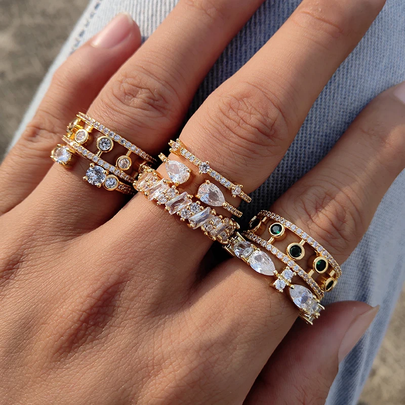 

Trendy Geometric Cubic Zirconia Finger Rings Gold Color Plated Ring For Women Classic Party Anniversary Jewelry Gifts Wholesale