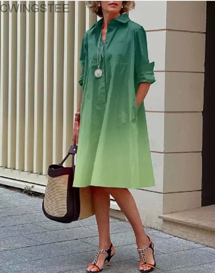 

Spring Summer Dress Women's Polo Collar Long Sleeve Tie Dye Printed Midi Dress Women's Elegant Pocket Holiday Robe