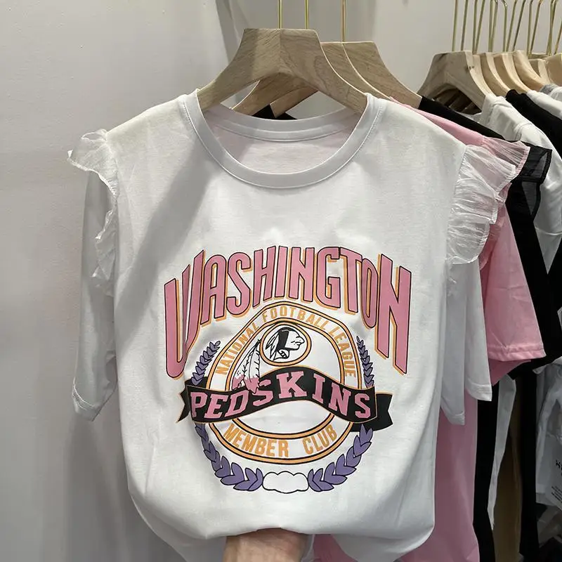 

Футболка женская в стиле ретро, милая Лоскутная рубашка с принтом надписи и иконы, с оборками, в стиле Харадзюку, большие размеры, белая Розо...