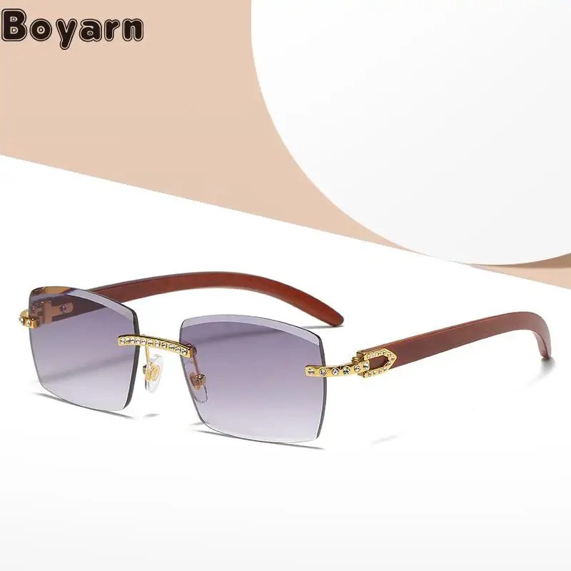 

Boyarn Diamond Inlaid Personalized Fashion Wood Grain Glasses 2022 Trendsetter Sunglasses Men's Frameless Be