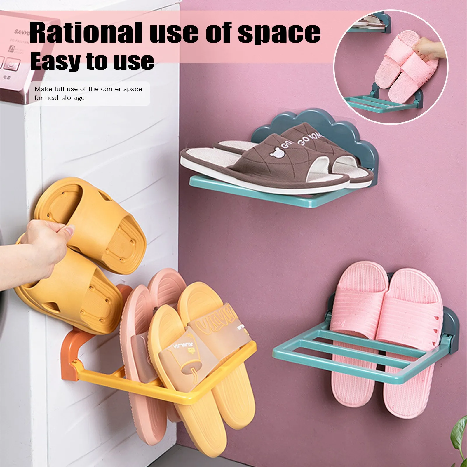 

2PCS Bathroom Slippers Rack Wall Mounted Shoe Organizer Rack Folding Slippers over The Faucet Sponge Holder Silicone Sink Tray