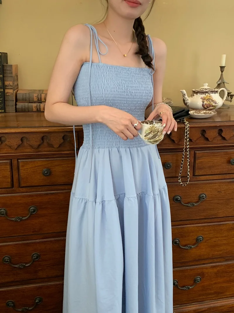 

French Sweet Holiday Refreshing Fit Slim Fit High Waist Large Hemline Dress with Strap