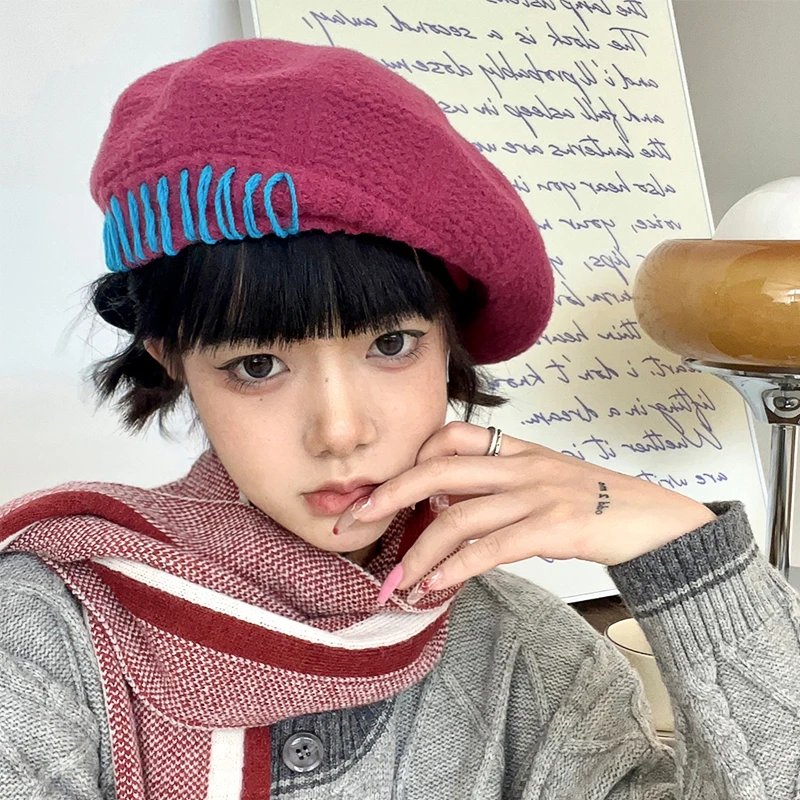

Girly Contrasting Color Beret Autumn and Winter Acrylic Knitted Women's Hats Japanese Wild Art Painter Cap Raspberry Berets Hat