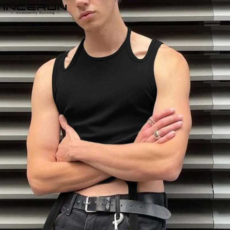 

INCERUN Tops 2021 Men's Fashion Comfortable Waistcoat Stylish Male Solid Hot Sale Shoulder Cutout Design Sleeveless Vests S-5XL
