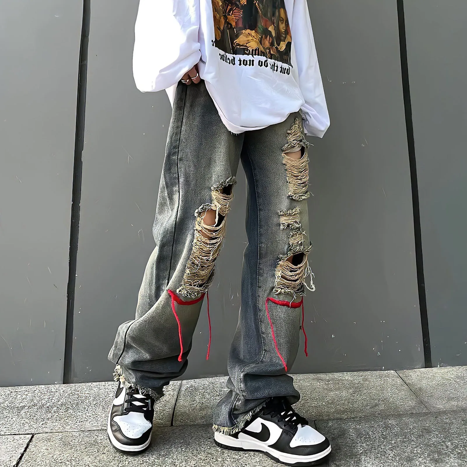 Embroidery Ripped Jeans Men And Women Baggy Straight Wide-Leg Pants Retro Streetwear Casual Fashion Punk Hip Hop Denim Trousers