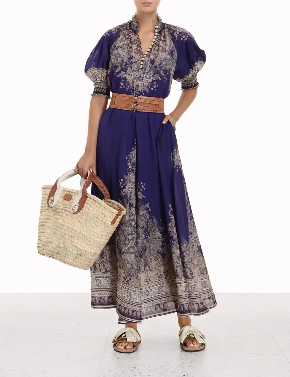

SuperAen 2022 Summer Retro Puff Sleeve Oversized Printing Belt V Neck A-LINE Casual Ankle-Length Dress for Women