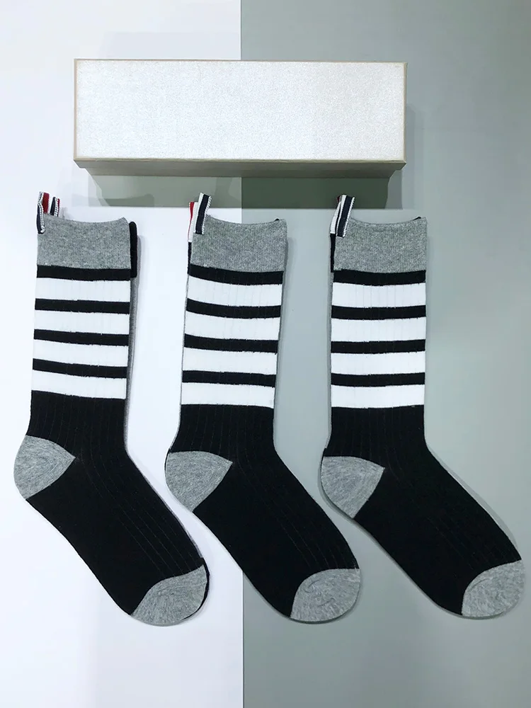 

3 pairs of tb mid-tube socks women's spring and autumn stockings trend deodorant sweat-absorbing four-bar sports running socks