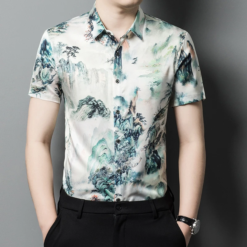 

Рубашка мужская с коротким рукавом, повседневная сорочка с 3D принтом в китайском стиле, гладкая Удобная Шелковая, лето