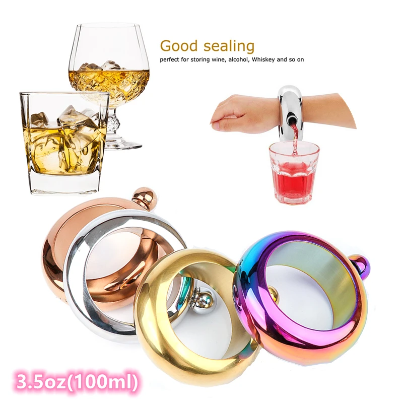 3.5oz Colorful Round Hip Flask with Funnel Bangle Jug Whiskey Wine Alcohol Bracelet Stainless Steel Camping Flagons Drinkware