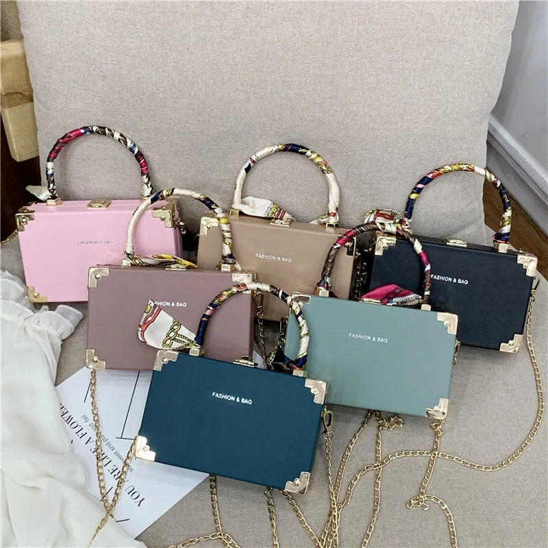 Box Bags Fashion Women Long Chains Shoulder Square Box Purse And Handbag Designer Metal Handle PU Crossbody Handbag With Scarves