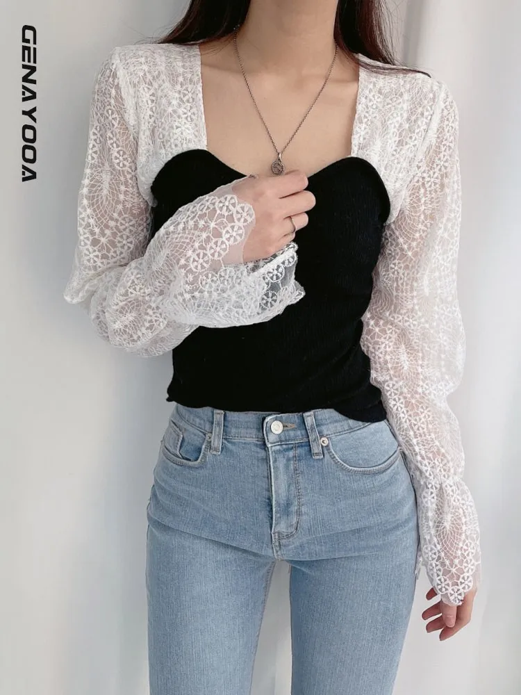 

Genayooa Patchwork Lace Blouse Women Petal Sleeve Hollow Out Long Sleeve Elastic Bust Shirt Femme Blusas All-match Tops 2022