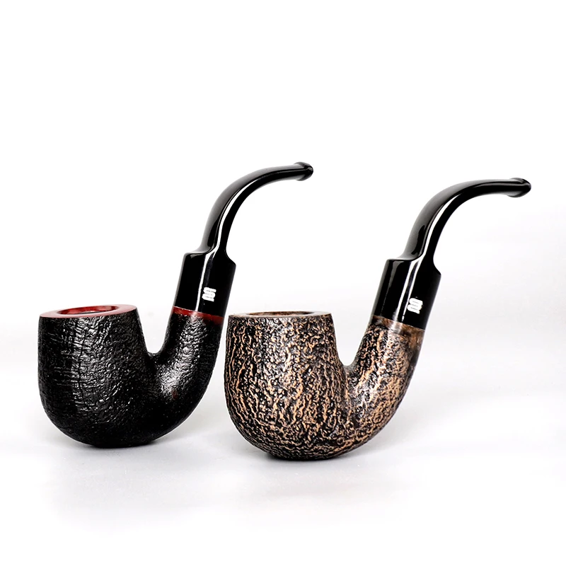 RU-MUXIANG Briar Wood Pipe Sandblast Wooden Pipes Bent 9mm Filters Smoke Tobacco Pipes Smoking Accessory Gift For Men Free Tools