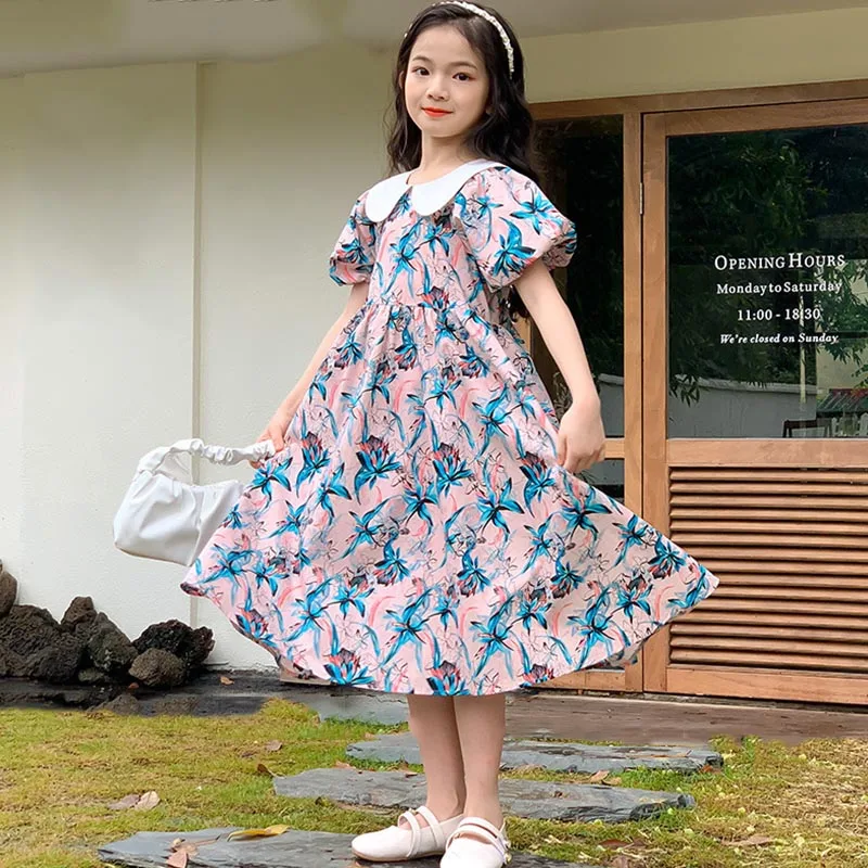 

Платья для девочек Корейский стиль пузырьковый рукав цветочное длинное платье Летнее подростковое детское платье принцессы розовый Кукольный воротник Детские костюмы