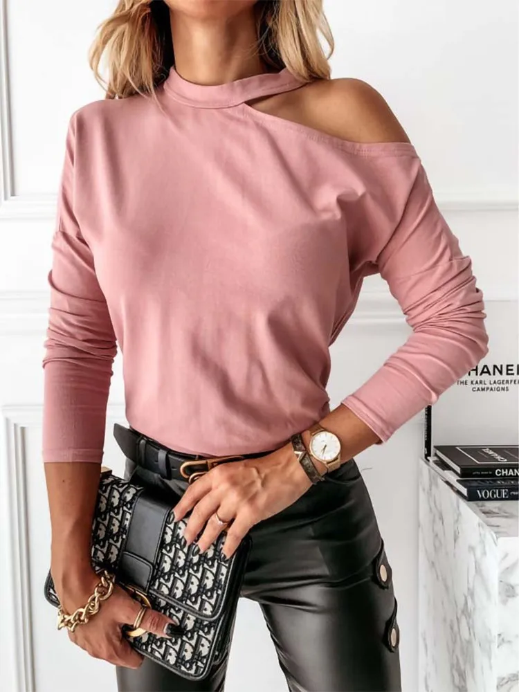 

Off Shoulder T Shirt Top Women Clothes Fashion Solid O Neck Long Sleeve Plus Size Sexy Slim Tshirt Female Casual Tee Shirt Femme