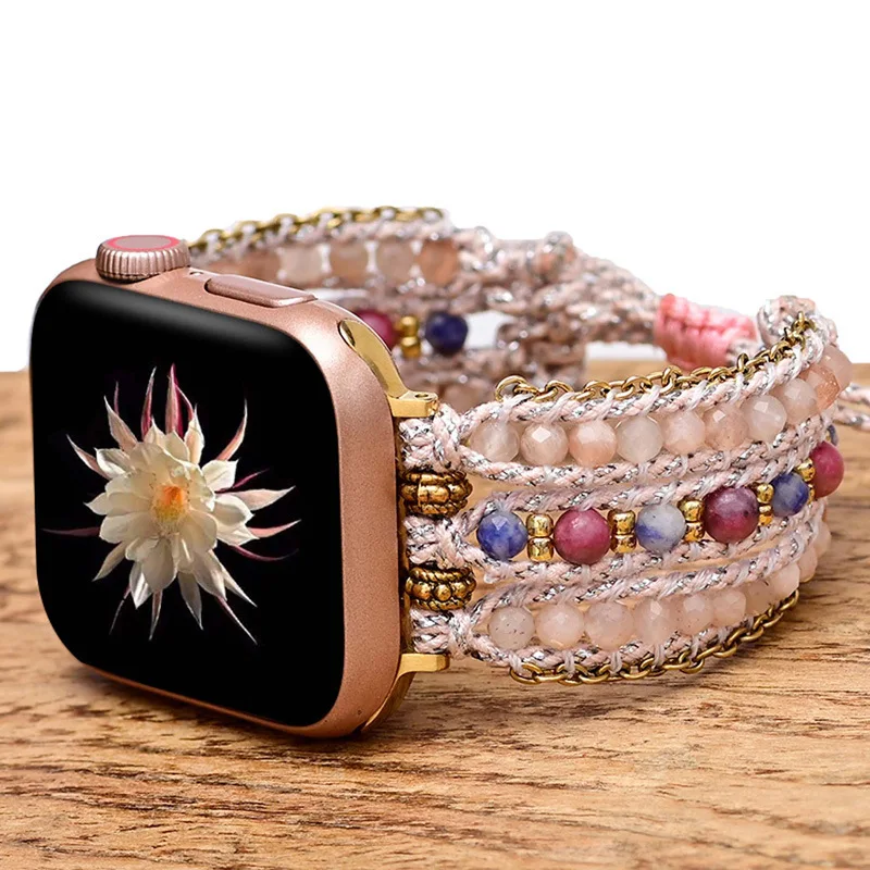 

Ремешок в богемном стиле для Apple Watch 38 41 42 45 мм, модный розовый браслет ручной работы из натурального камня Sunstone для Iwatch series