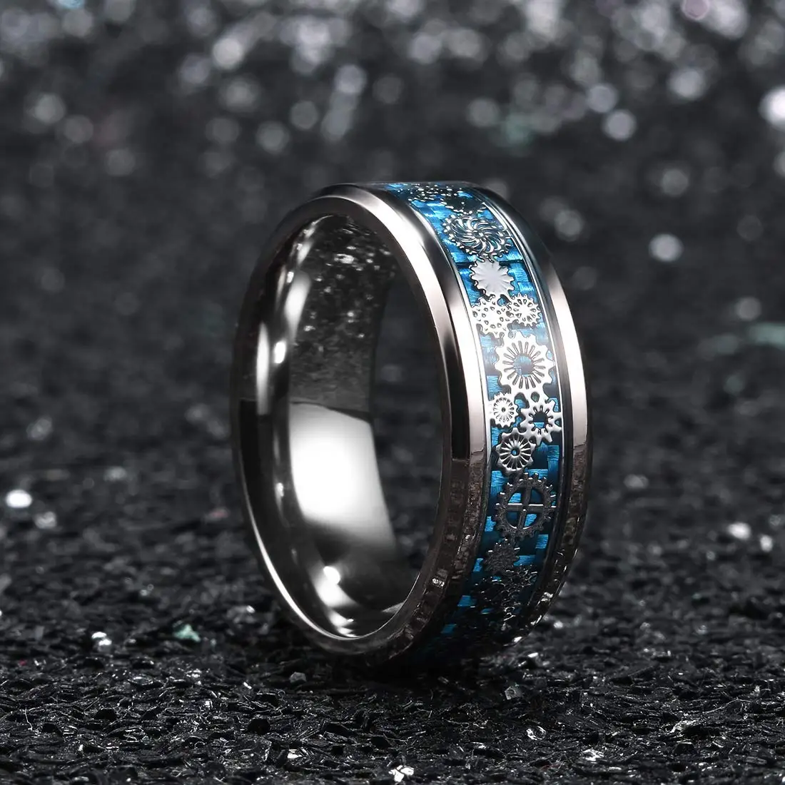 

Fashion Punk Stainless Steel Gear Wheel Rings For Men Women Inlay Blue Carbon Fiber Ring Hiphop Rock Biker Jewelry Drop Shipping