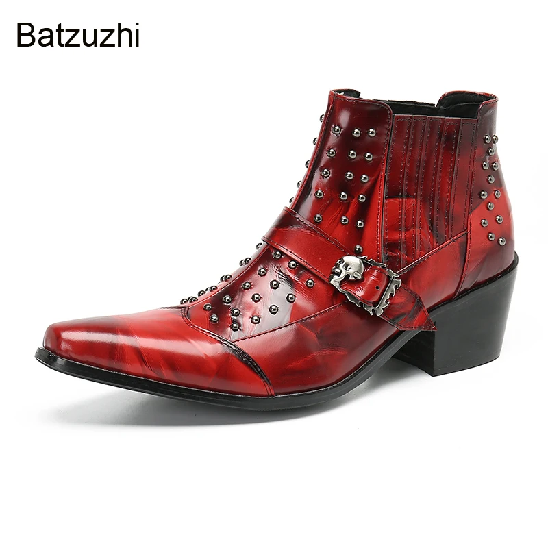 Batzuzhi Wine Red Men Boots Pointed Metal Toe Lace-up Men's Ankle Boots