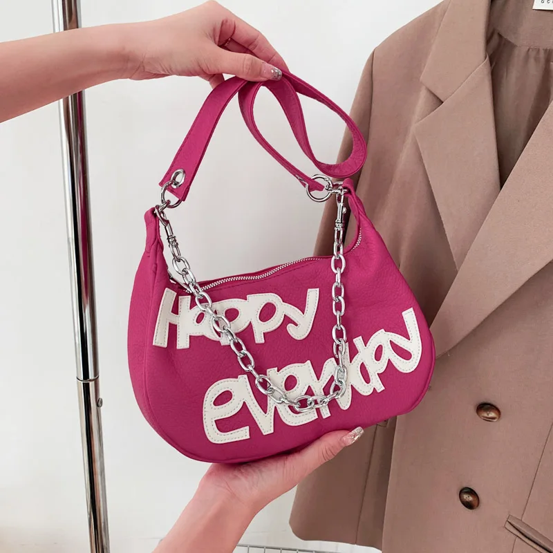 

Модные дизайнерские сумки с надписью для женщин, дамские сумочки через плечо с цепочкой в форме полумесяца, мягкая кожаная женская сумка на плечо