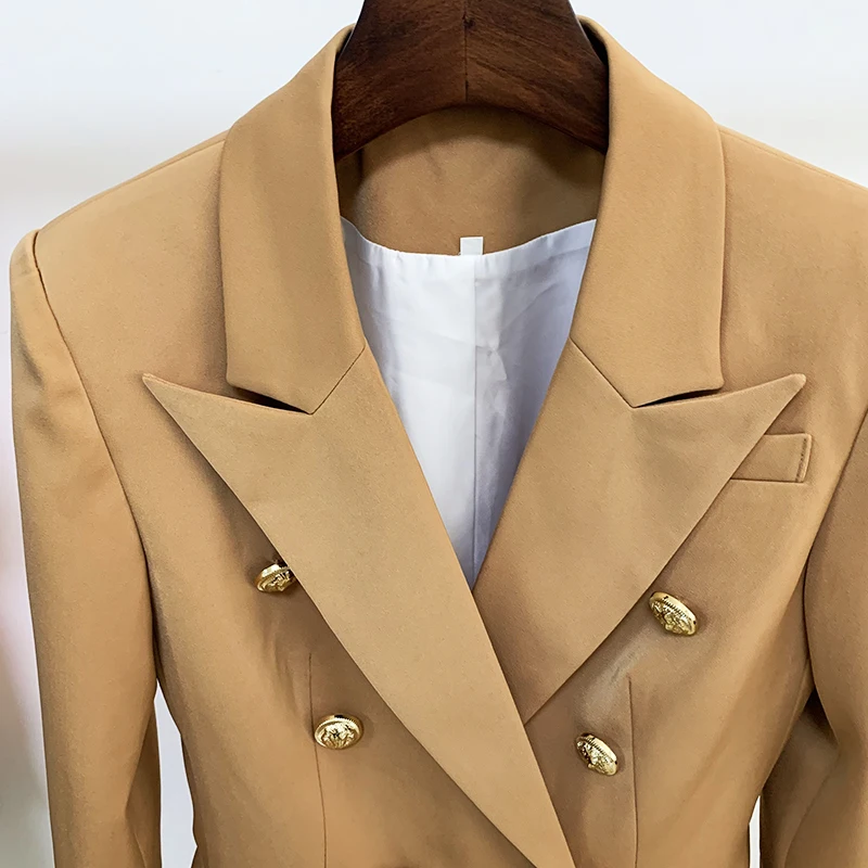 HIGH QUALITY Newest 2023 Star Style Designer Jacket Women's Classic Lion Buttons Double Breasted Slim Fit Blazer Brown