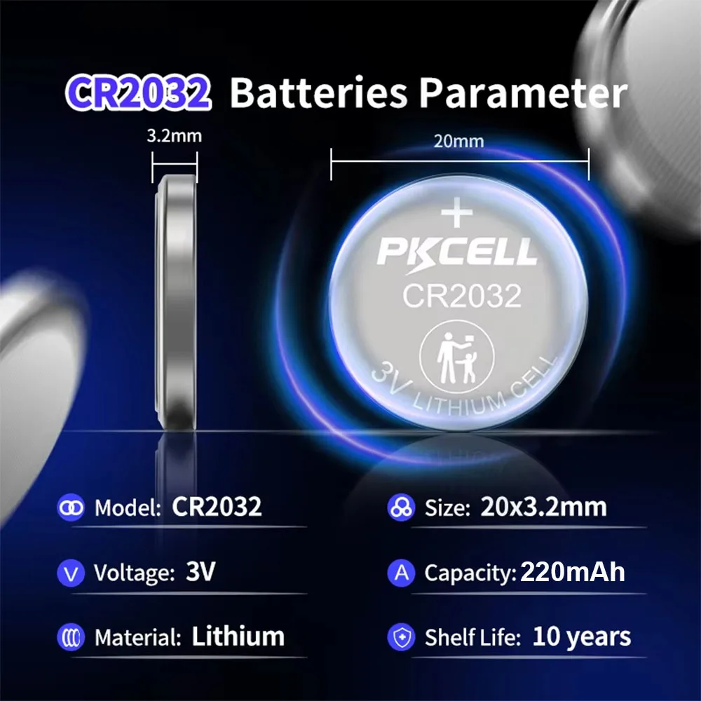 PKCELL 20PCS CR2032 3V Button Batteries BR2032 DL2032 ECR2032 Cell Coin Lithium Battery Watches Car Remote Key
