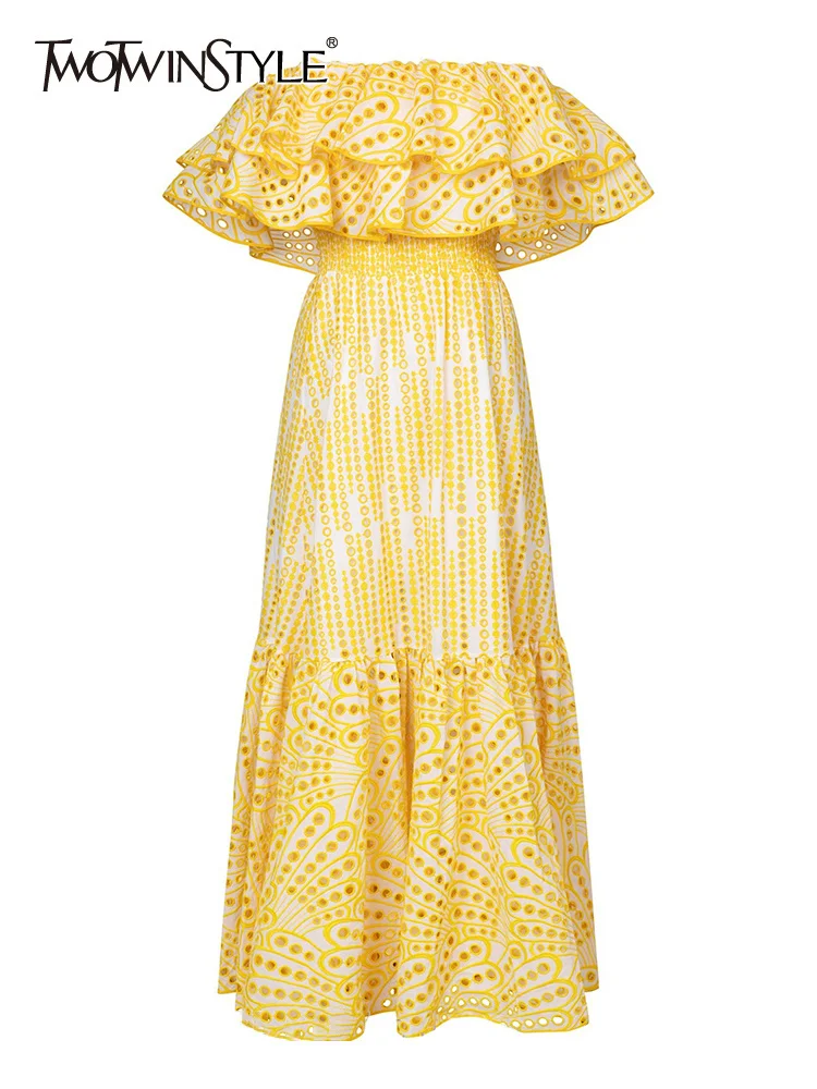 

TWOTWINSTYLE Embroidery Elegant Dress For Women Slash Neck Short Sleeve High Waist Cut Out Midi Dresses Female Summer Clothing