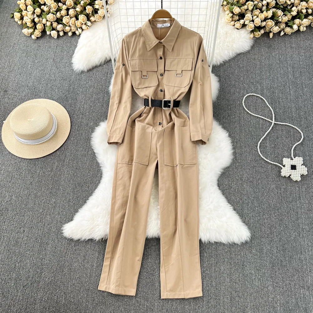 

Clothland Women Vintage Khaki Black Jumpsuits Pockets Belt Sashes Long Sleeve High Waist One Piece Long Playsuits KA257