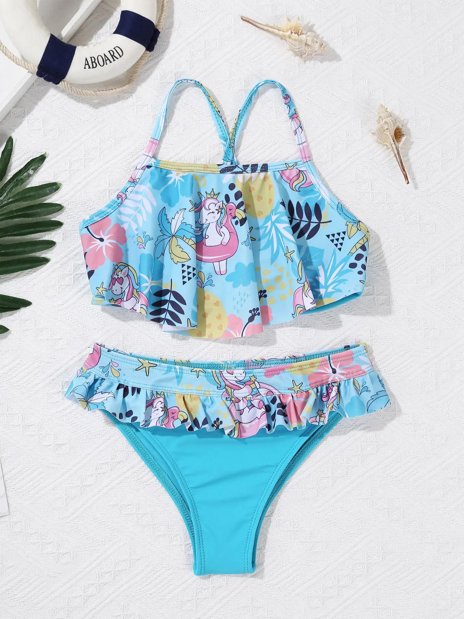 

Kids Girls Bikini Swimsuit Spaghetti Straps Criss Cross at Rear Ruffle Hem Tube Top with Bottom Set Beach Swimwear Bathing Suits