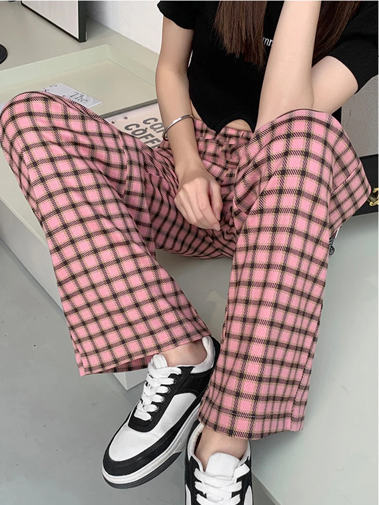 

Черно-розовые клетчатые брюки большого размера, новинка, женские повседневные свободные брюки с широкими штанинами в стиле ретро, подростковые прямые брюки в стиле хип-хоп, уличная одежда