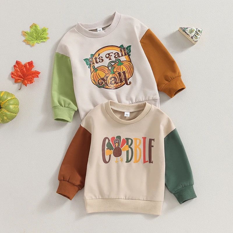 

Kids Boys Girls Sweatshirt Halloween Pumpkin Turkey Print Pullover Tops Fall Winter Contrast Color Long Sleeve Coat For 6M-4Y
