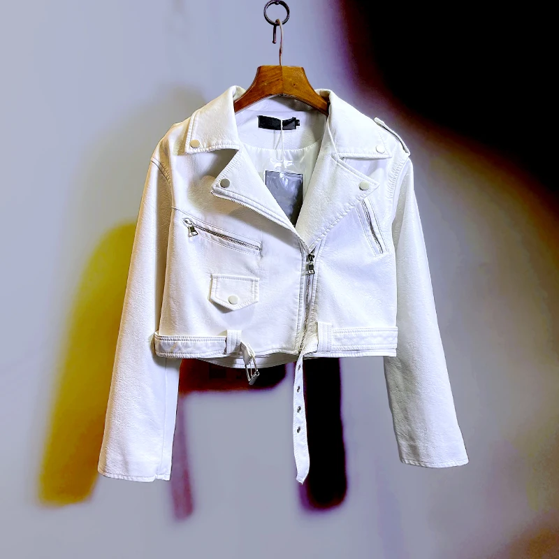 Korean Style Woman's Short Pink Leather Coat 2022 New Autumn and Winter Motorcycle Clothing Women's Cool Handsome Leather Jacket