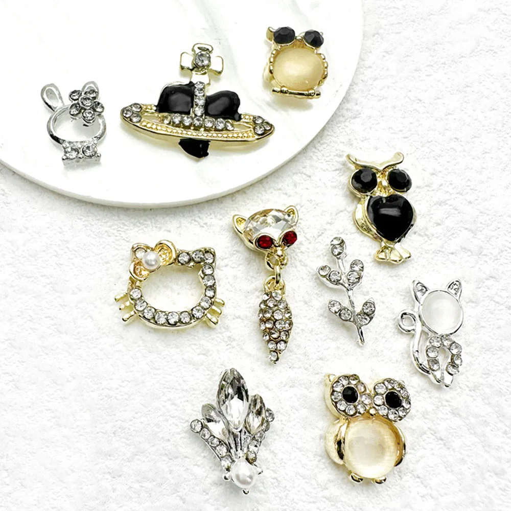 

3D Alloy Fox/Owl/Flower/Planet Nail Art Parts 10Pcs Luxury Gold/Silver Black Preal Rhinestone Jewelry Bulk Nail Accessory Charms