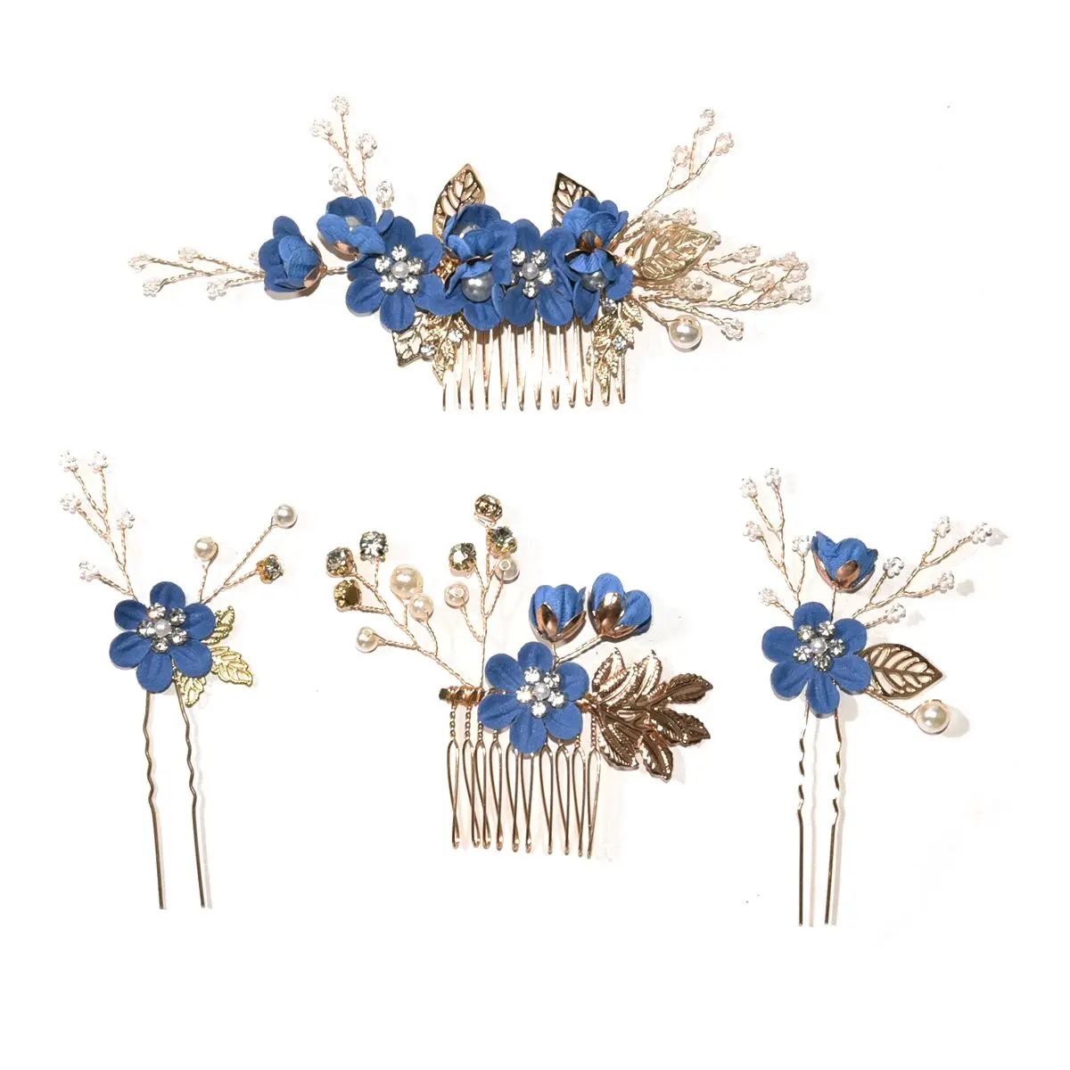 

Beautiful Leaves Tiara Crystal Crown Wedding Hair Combs Flower Hair Pin Blue White Bridal Clips
