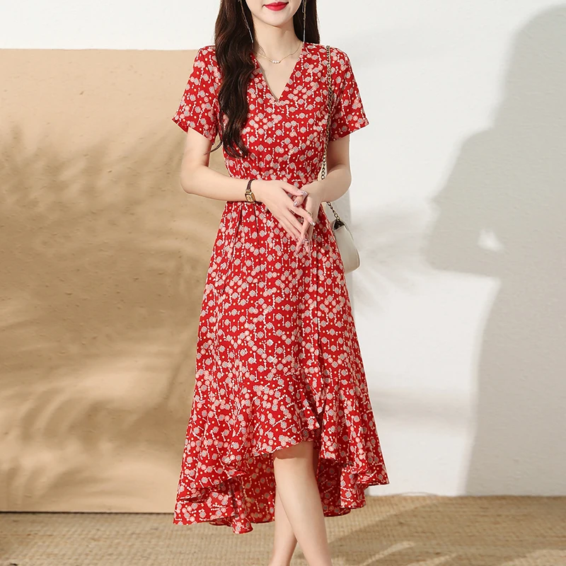 

COIGARSAM Women Dress Summer 2022 Beach Style Floral Print High Waist V-Neck Dresses Dropshipping
