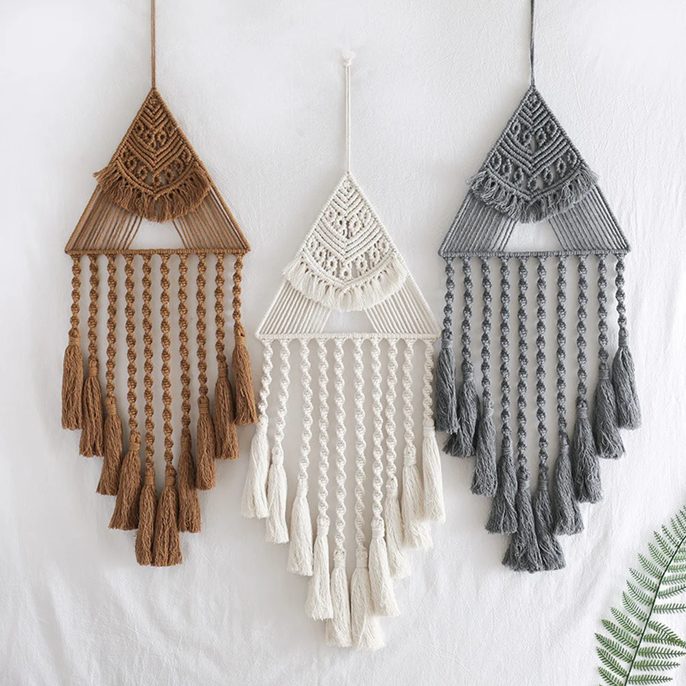 

1PCS Nordic Pure Cotton Tapestry Hand Woven Bohemian Triangle Tassel Dream Catcher Wall Hanging Home Bedroom Decor