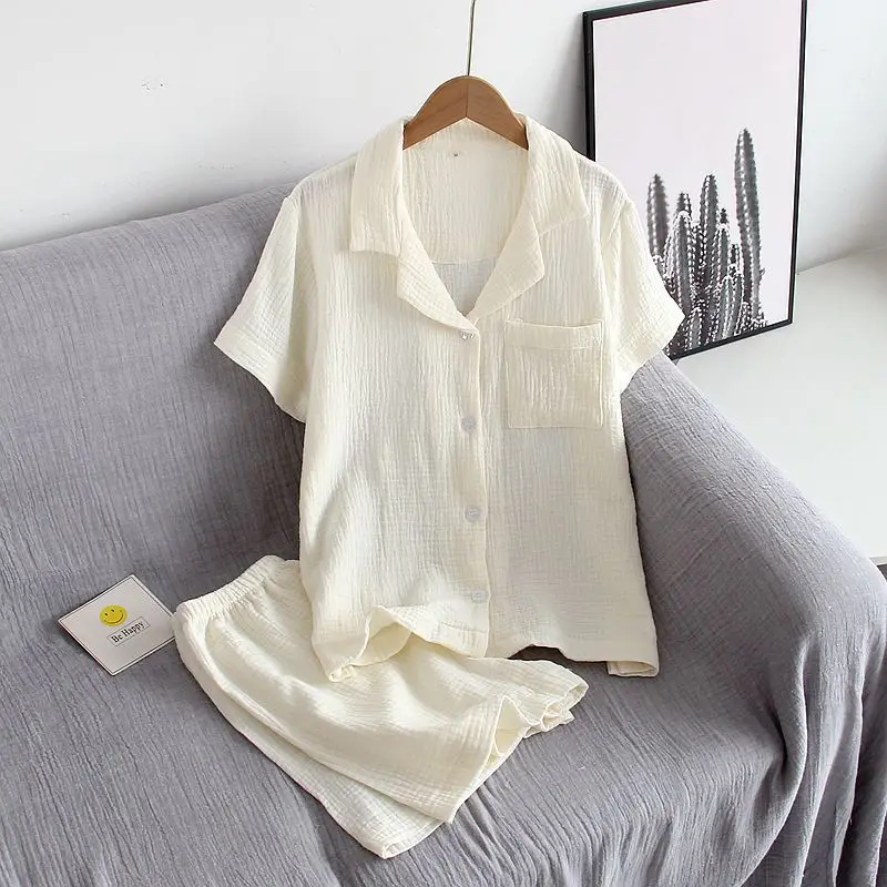 2023 Japanese New Summer Women's Pajama Set 100% Cotton Crepe Short Sleeve Shorts Two Piece Solid Color Simple Home Furnishing