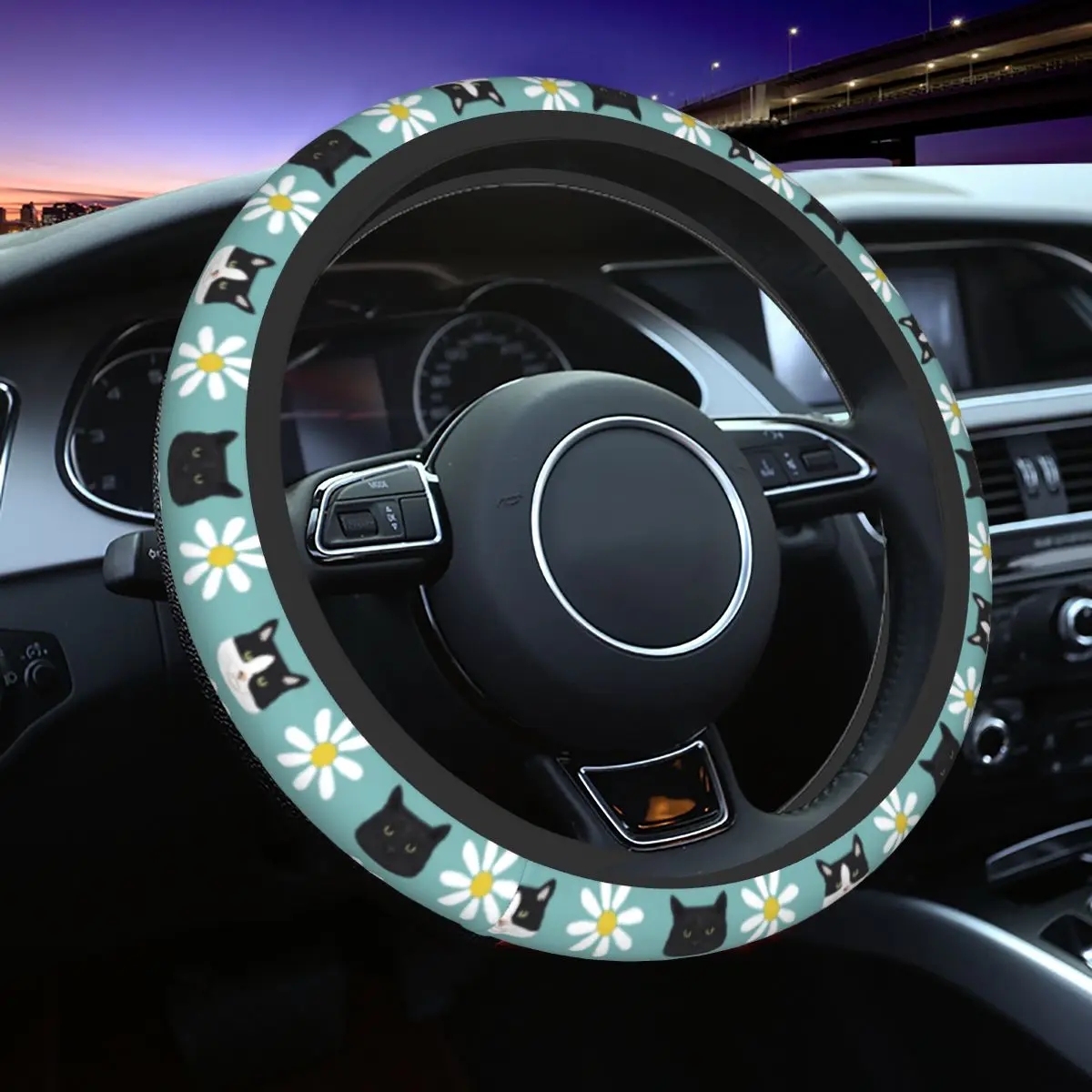 

Cats And Daisies Car Steering Wheel Cover 38cm Elastic Animal Auto Steering Wheel Protector Suitable Car-styling Car Accessories