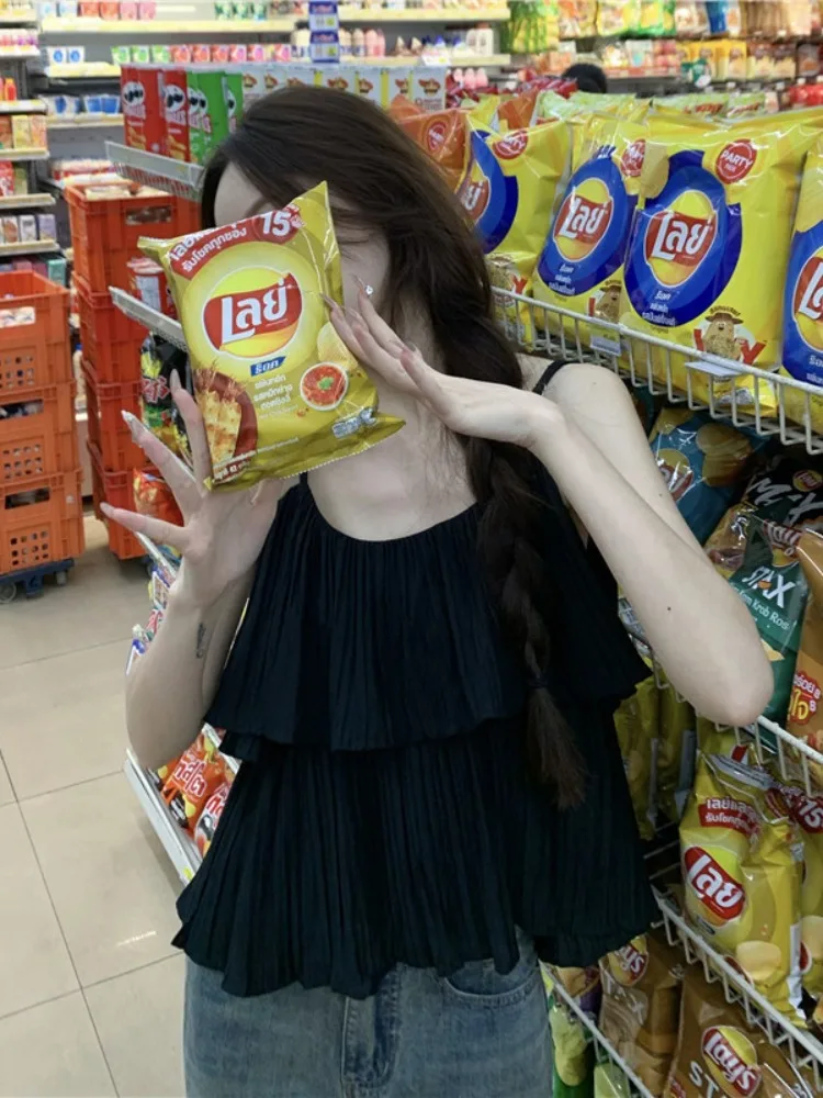 Белый топ без рукавов с асимметричными рюшами и оборками женская летняя шикарная